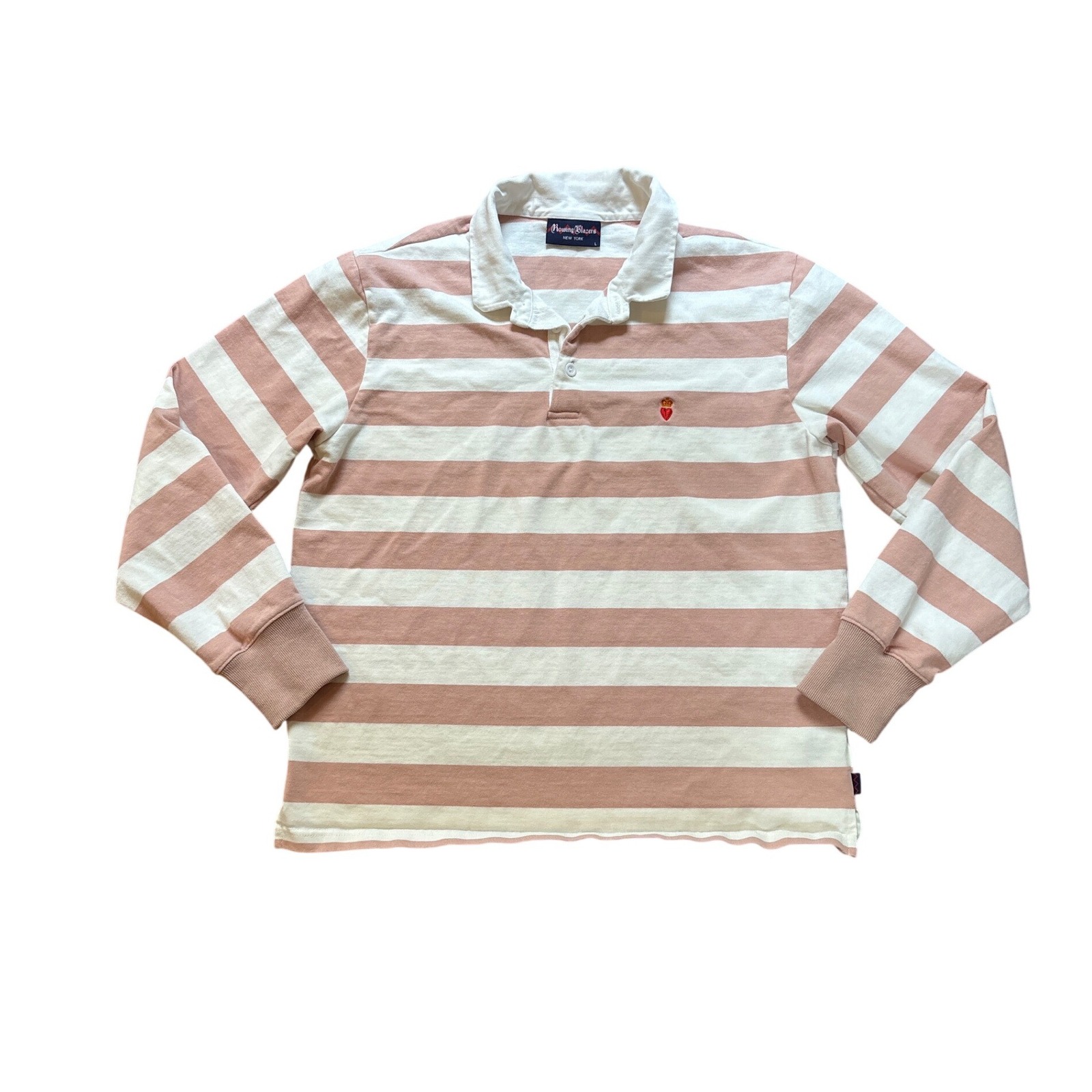 Rowing Blazers Rugby Shirt Women Pink White Striped Long Sleeve Heart Size L